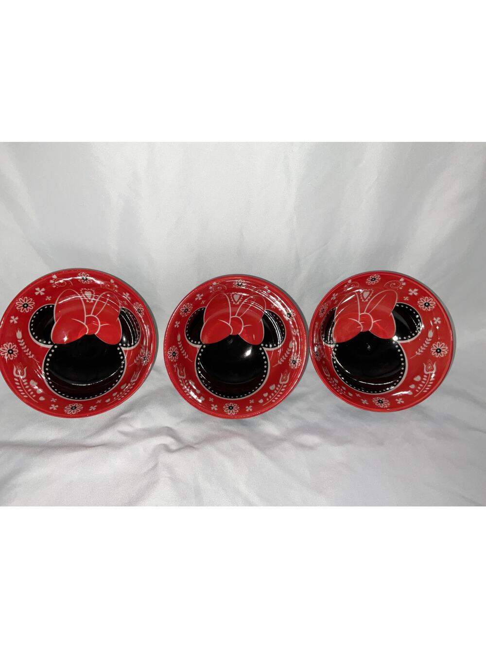New Disney Zrike Ceramic Minnie Mouse Red Bow Head Rice Tidbits Bowls Set/3